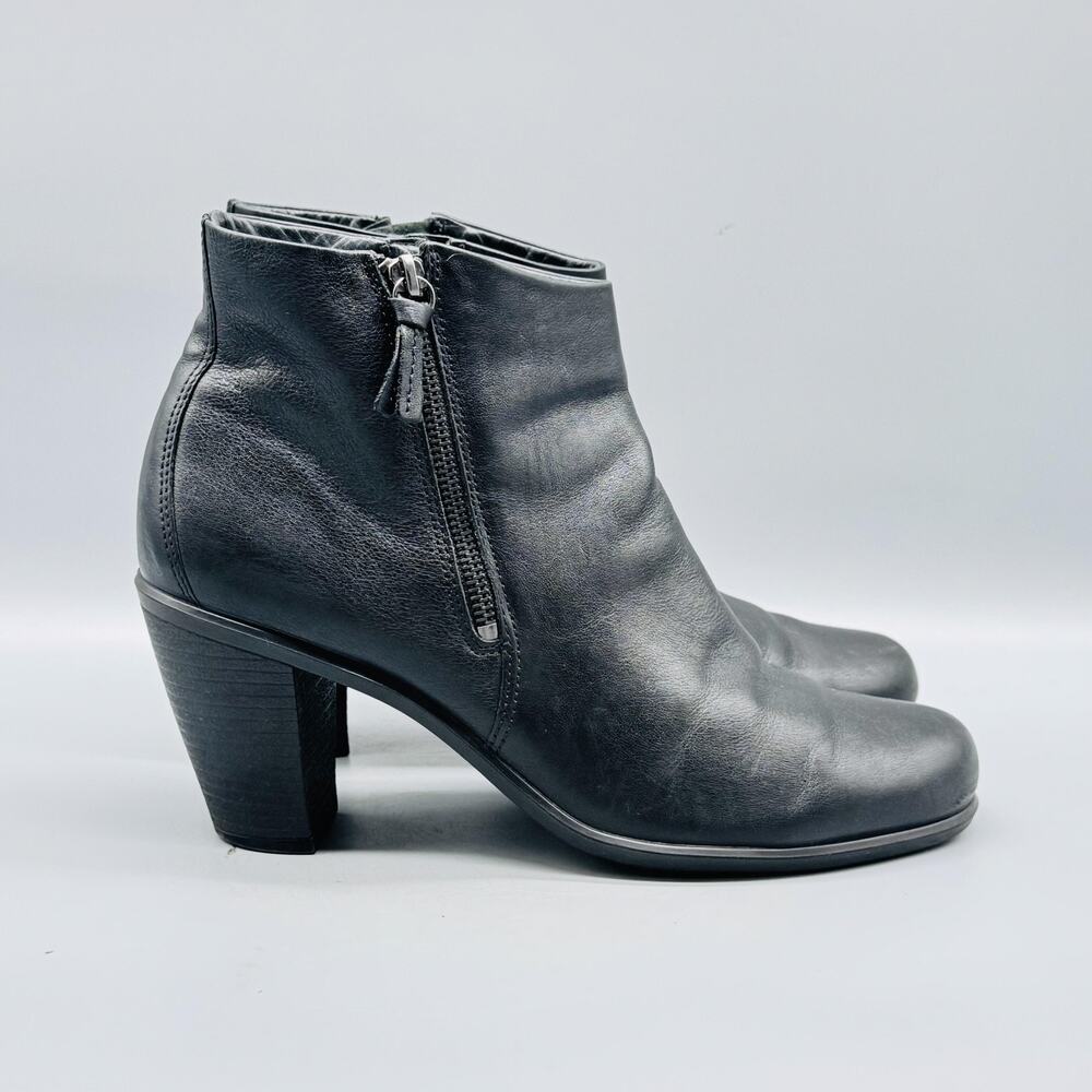 ECCO Boots Women 11 Black Leather Ankle Booties Block Heel Casual Comfort